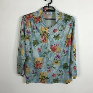 Vintage 1970s Blouse Size L Multicolor Floral Long Sleeve Polyester Womens